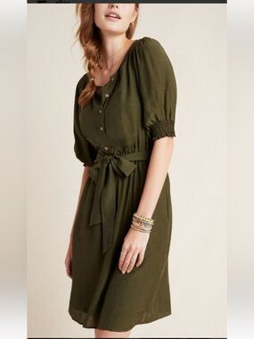 Anthropologie Olive Green Nicole Linen Puff Sleeve Dress Sz large